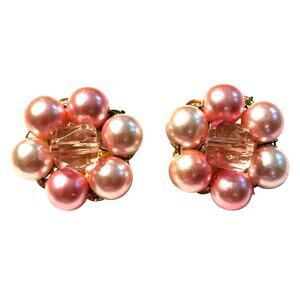 Clip on earrings pink beaded rounds clusters classic mid century vintage 1960’s